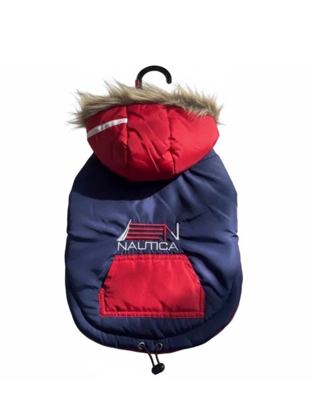 Nautica Dog Jacket NWT Small — Navy & Red Puffer Hood w/ Faux Fur